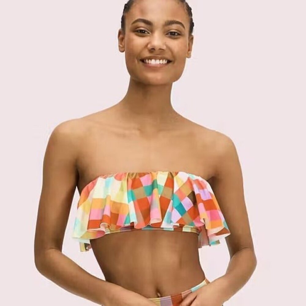 Kate Spade Garden Plaid Ruffle Bandeau Bikini Top